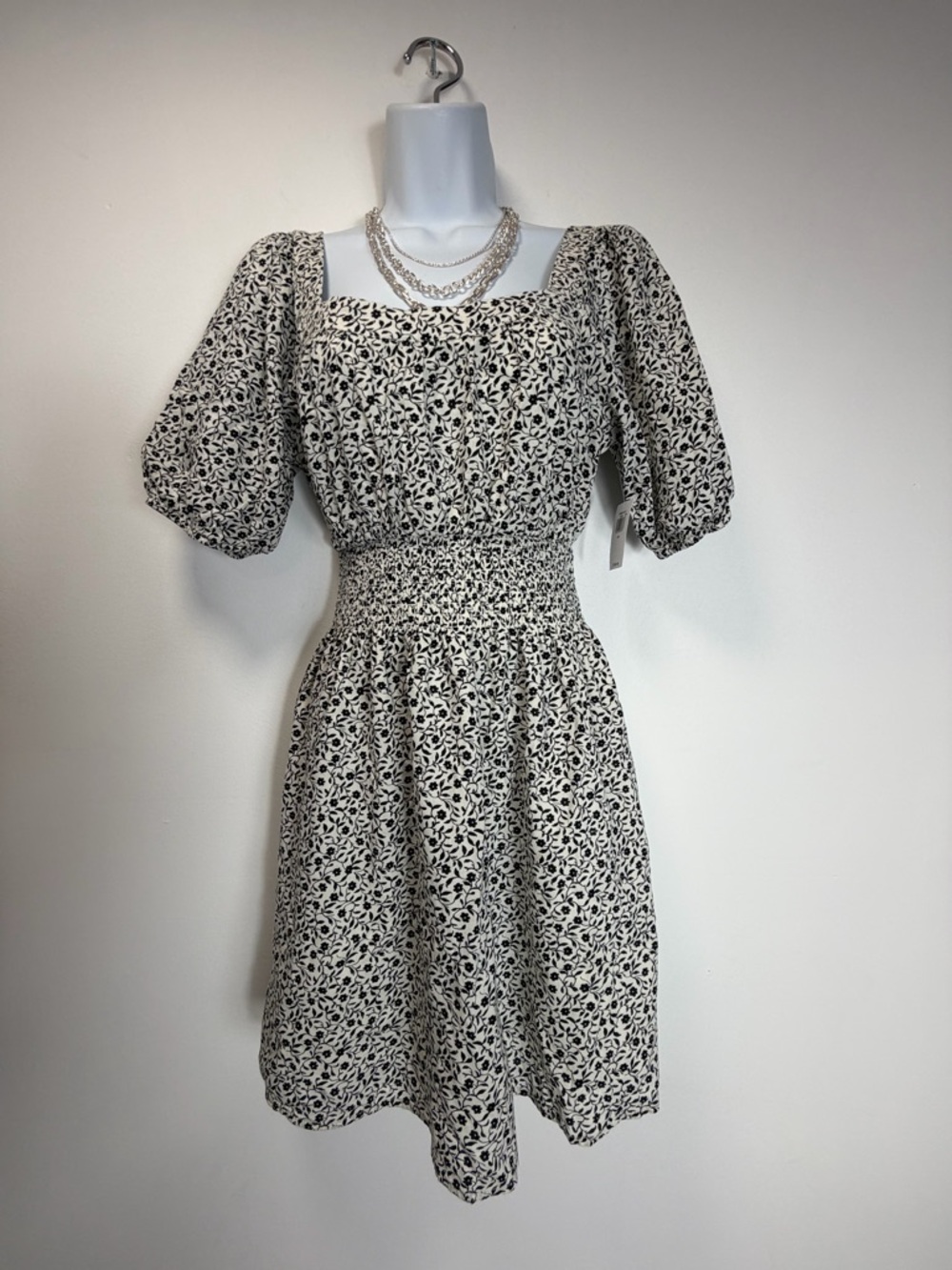 Smocked Waist Black & White Floral Puff Sleeve Dress
